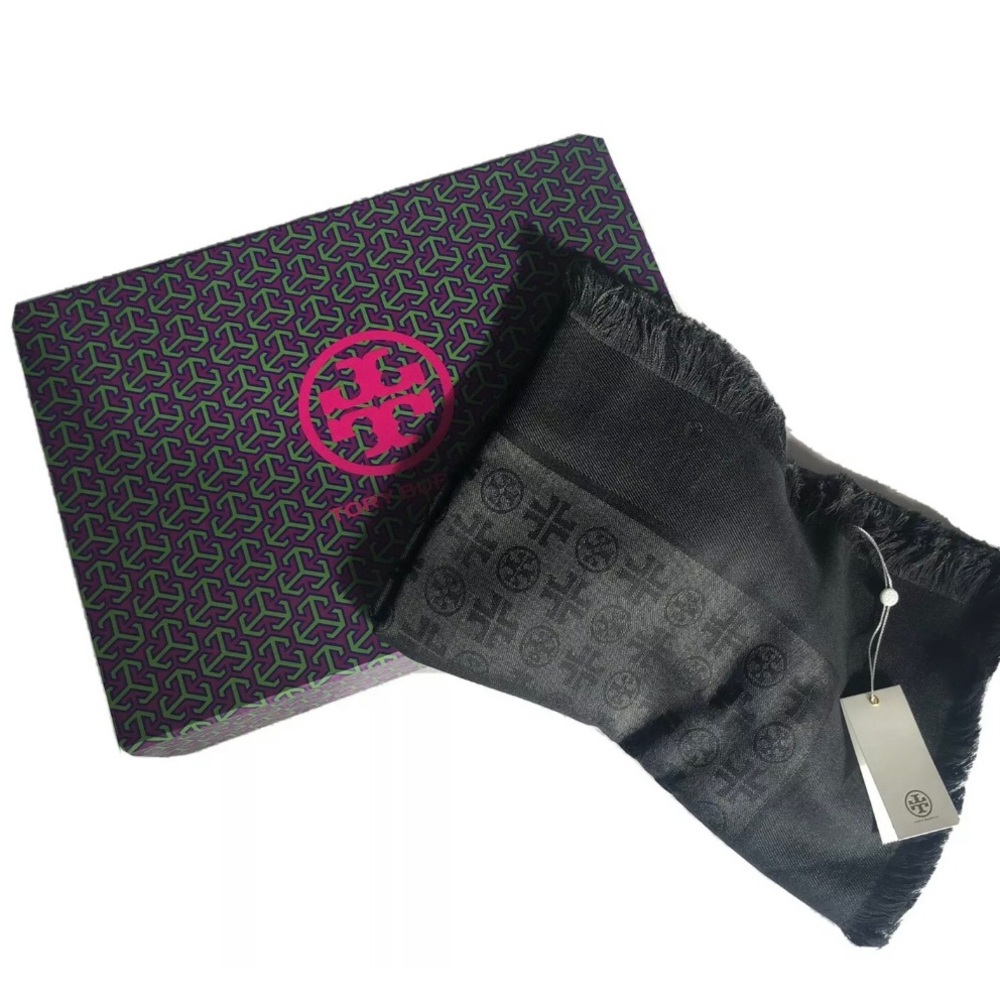 TORY BURCH Traveler Jacquard Scarf - Black NWT